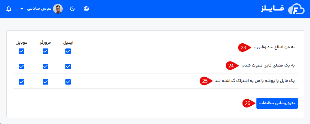 تنظیمات اعلان فایلز