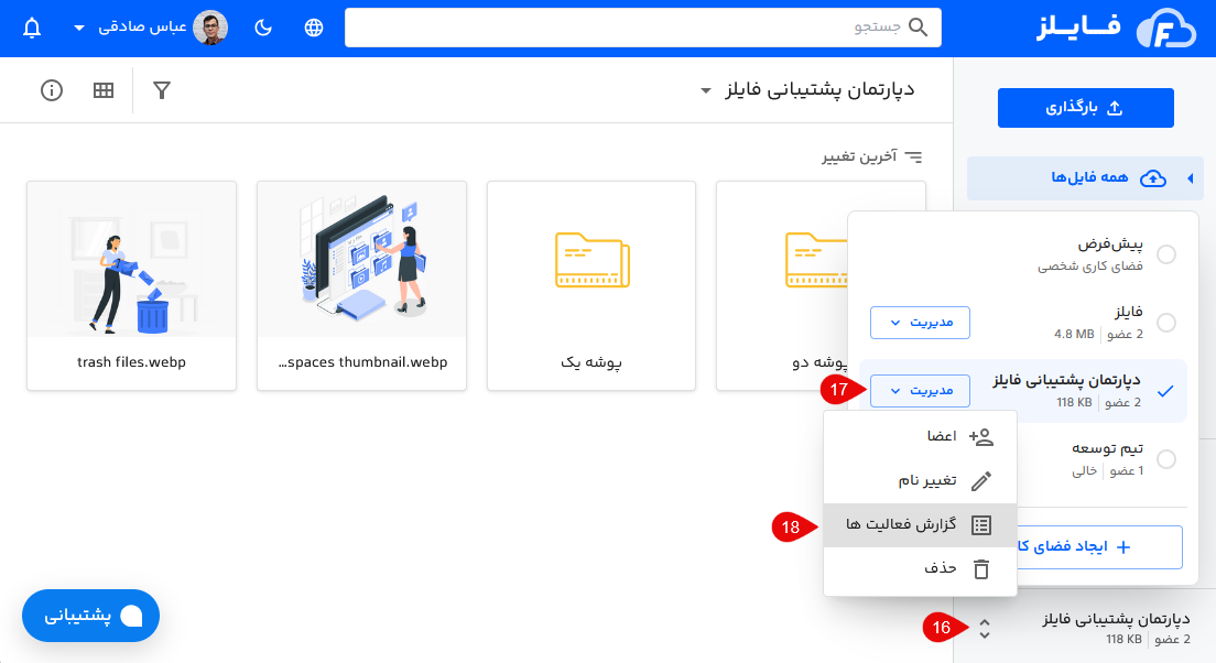 مشاهده گزارش فعالیت اعضای تیم در فایلز